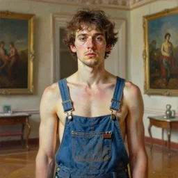 a beautiful and highly detailed painting of an anatomical portrait wearing overalls, inside a grand room lined with paintings, emotionally expressive, oil painting, soft light, cinematic composition, cinematic lighting, sharp focus, masterpiece by shusei nagaoka kaws, david rudnick, airbrush on canvas, pastell colors, cell shaded 8 k