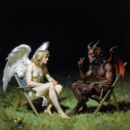 an Angel and a demon sitting on lawn chairs having a conversation across from each other in an other wise empty black void. John Harris. Frazetta. Sylvain Sarrailh