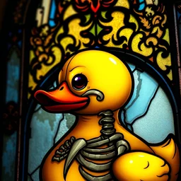gothic stained glass window, detailed portrait of yellow rubber duck, skeleton death imagery, grimdark, cute duck, detailed and masterful, backlit