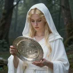 portrait of the goddess of memory recording history on a silver plate in a forest, white hood, white robes, blonde, fantasy, magical, realistic and detailed, spiritual, supernatural, intricate, elegant, highly detailed, digital painting, trending on artstation, by wlop, 4 k octane render
