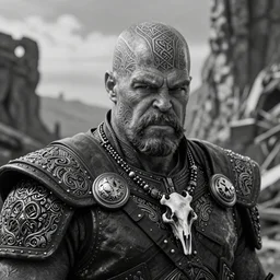 a cinematic view of wide bw photo from a very ornated old odin mixed with thanos viking, shaved haircut, mexican mustache, showing celtic tattoos in the head, using leather armour with necklace of bones, naughty expression, photorealistic, volummetric light, depth of field, detailed, texturized, zeiss lens high professional mode