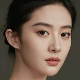 close up photo portrait of model zhang ziyi, beautiful face, no body, photoshoot, real-life skin, skin care, light makeup, soft red lips, slicked back hair, diffuse lighting,