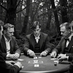 peaky blinders playing poker in the woods. black and white.