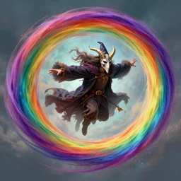 a flying wizard with horned mask surrounded by a rainbow colored wind twister, art by greg rutkowski, by ilya kuvshinov, digital art, artstation, detailed, realistic, long hair, levitating wizard, inside the twister