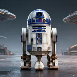 a film still from star wars of a single symmetrical steampunk canine r 2 d 2, wide shot, full body, space ships in distance, perfect symmetry, hyperdetailed 3 d, hyperrealism, hyperrealistic, cinematic, photorealistic photograph