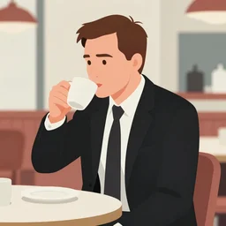 fbi agent dale cooper from twin peaks, in his black suit, drinking coffee in a diner, clean cel shaded vector art. shutterstock. behance hd by lois van baarle, artgerm, helen huang, by makoto shinkai and ilya kuvshinov, rossdraws, illustration, black cream and red gradient colours