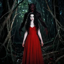 edwin austen abbey, full body, pretty alyson hannigan, evil dead demon, evil dead movie, red dress, symmetrical eyes, symmetrical face, long curly black hair, trees, forest, branches, cinematic lighting, evil dead creature, scary, blood
