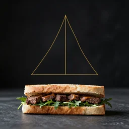 food photography of steak sandwich with arugula, rule of thirds with golden ratio, minimalistic side view high bokeh, cinematic studio lighting
