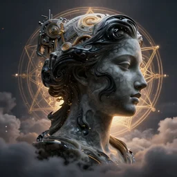epic illustration, abstract sculpture of beautiful female face silhouette and black swirling liquifying acrylic portrait, fluffy clouds, mechanical superstructure, sacred geometry, glowing edges, magic hour, beautiful light, sculpture of carving marble, dark colors, dark mood, one point light, golden spirals, clockwork, epic matte painting, concept art, bokeh, digital painting, artstation