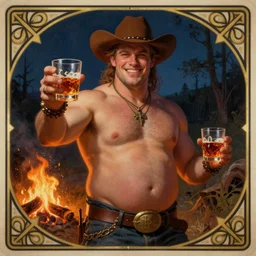 a dramatic, epic, ethereal painting of a handsome mischievous smiling thicc shirtless cowboy with a beer belly wearing a large belt and offering food and whiskey | background is a late night campfire |  tarot card, art deco, art nouveau | by Mark Maggiori | trending on artstation
