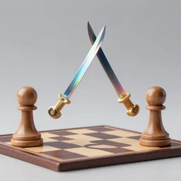 two pawns en passant dueling with long colorful swords rendered 4 k