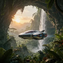 a distant futuristic scifi flying car floating in a prehistoric jungle cave, lush flora, waterfall, sunset, hazy, volumetric lighting, rtx on, photorealistic render, great composition, very detailed