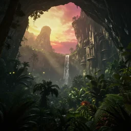 a beautiful render of a dark prehistoric rainforest in a humongous cave, lush flora, patches of yellowish - red - magenta sky, sunset lighting, fireflies, floating mountains and a waterfall in the background, military industrial complex in the cliff's wall, intricate detail, hazy, humid, volumetric lighting, god rays, 8 k, photorealistic, raytracing effects, unreal engine 5