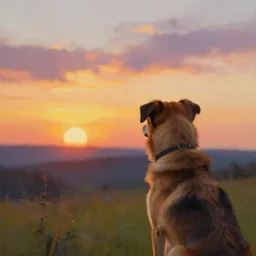 a dog watching a beautiful sunset, paint by craig mullins