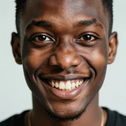 photograph of a african person with japanese eyes and a grotesque smile