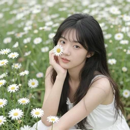 a pretty girl in a field of daisies