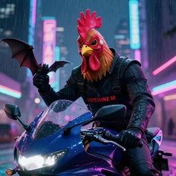a biker in a high - quality rooster mask and a bat in his hands against the backdrop of a neon city in the rain, hotline miami, high - quality render, unreal engine 5