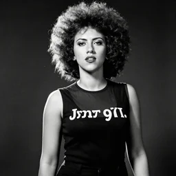 scarlett johansson with afro wearing 1 9 7 0 s clothing, black and white, dramatic lighting