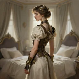 woman model, steampunk!!!, neutral colors, in a bedroom!!!!!!!!!, backlit, elegant, highly detailed, digital painting, artstation, concept art, smooth, sharp focus, illustration, art by krenz cushart and artem demura and alphonse mucha