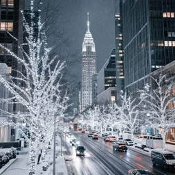 aesthetic visual of city with bright white lights in winter