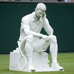 a statue of a sad novak dijokovic on the tennis court