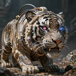 beautifully stunning stonepunk electric_tiger_insipiring_detailed_intricate_ornate_cables_connected_to_head_big_open_electric_eyes_ the_singulairty is now  by android jones