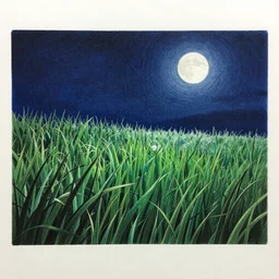 warframe standing in a field of grass at night, night time, moonlight, dark blue sky, finely illustrated, highly detailed, colored pencil, good value control, good edge control, cinematic lighting, octane render, watercolor, anime, animation, william - adolphe bouguereau, john singer sargent, 8 k, segmented armor, segmented organic armor,