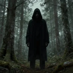 a scary dark shadowlike man staring at you in a swedish forest, very low angle photograph, very detailed, trending on artstation, realistic, soft colors, illustration by john bauer, simon stålenhag, horror, creepy