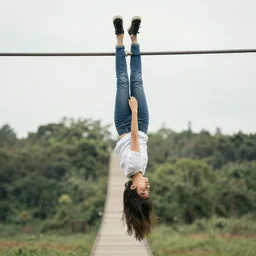 a girl hanging upside down off a walking bridge
