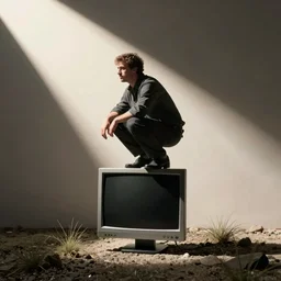 a slav squatting on top of a computer monitor