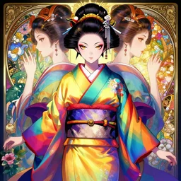 symmetry!!!!!! beautiful anime girl cyberpunk geisha portrait, garden background, wearing rainbow kimono, highly detailed, anime, dynamic lighting, digital art, digital painting, artstation, wlop, sharp focus, illustration, art by artgerm and greg rutkowski and alphonse mucha, 8 k