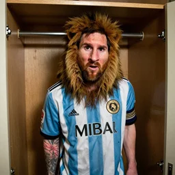 grainy photo of lionel messi as a creepy monster in a closet, harsh flash