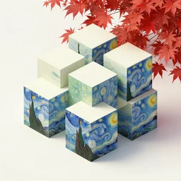 beautiful red maple park in fukuoka. fibonacci cubes and prisms. retro art by jean giraud and van gogh.