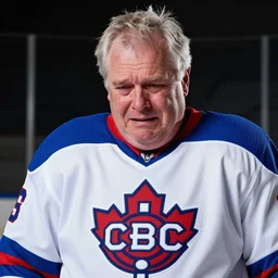 studio photo still of sad morbidly obese old don cherry, crying, depressed, cbc logo, hockey night in canada tv host, bruins maple leafs canada, minimal complexity, by greg rutkowski, cushart krentz, artgerm, ross tran, conrad roset, 4 k, hd, hdr