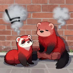 ( ( graffiti tag ) * ( furry fandom ) * ( ( ferret * weasel * stoat ) + ( red and black ) ) ) + ( ( smoke cloud ) + ( ( backing ) * brick wall ) )