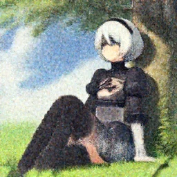 beautiful anime scenery with 2B from the Nier Automata series sitting in the grass beside a tree looking idly into the sky highly detailed and beautiful face