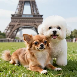 a photorealistic closeup image of a cute brown colored long haired chihuahua cocker spaniel dog laying with an adorable smiling white bichon frise dog in paris in front of the eiffel tower. grass. brightly lit. extreme detail. 4 k hd unreal engine