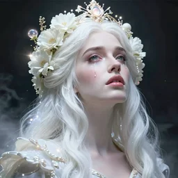 monica belucci, a colorful and vibrant majestic white queen open wide eyes drops a tear with flowers on her hair, glowing light orbs, intricate concept art, elegant, digital painting, smooth, sharp focus, ethereal opalescent mist, outrun, vaporware, cyberpunk darksynth, ethereal, ominous, misty, 8 k, by ruan jia and miho hirano, 8 k, rendered in octane