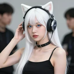 realistic teasing detailed semirealism beautiful gorgeous cute Blackpink Lalisa Manoban white hair white cat ears blue eyes, wearing black camisole outfit, headphones, black leather choker full HD 4K high resolution quality WLOP, Aztodio, Taejune Kim, Guweiz, Pixiv, Instagram, Artstation