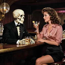 a skeleton in a black suit sitting at the bar at the disco club drinking tequila, talking to a beautiful woman in a low cut blouse and a miniskirt, holding a martini, by Basil Gogos and Robert McGinnis