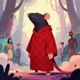 tribal leader half rat, made of red gucci fabric, otherworldly forest, pixiv fanbox, dramatic lighting, maximalist pastel color palette, splatter paint, pixar and disney exploded - view drawing, graphic novel by fiona staples and dustin nguyen, peter elson, alan bean, wangechi mutu, clean cel shaded vector art, trending on artstation