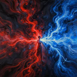 an energy stream running left to right. a figure in the center. red and dark energy flows into the figure. blue and bright energy flows out of the figure | painting by craig mullins