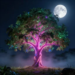 photorealistic wide shot of a beautiful neon tree in the moonlight, octane render, unreal engine 4k, volumetric light, fog, detailed