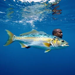 kanye - west!!! with fish body swimming in the ocean, underwater, by john martin and carl gustav carus vibrant colors | photography | realism | dslr photo