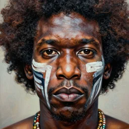a extremely ultra highly detailed majestic hi - res beautiful immaculate head and shoulders award winning painting stunning masterpiece of the face of a ultra highly detailed strong black african tribal warrior man with an afro and paint on his face portrait by jean - michel basquiat, 8 k, high textures, ultra hyper sharp, insanely detailed and intricate, super detailed, 8 k hdr ultra high quality, high detail, hyper