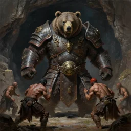 badass giant solitary armored bear warrior outside a cave about to fight some humans, fierce, giant, high fantasy, chiaroscuro, highly detailed, sharp focus, smooth, oil matte painting, by ismail inceoglu, filiphodas, vaporwave, concept art, hd