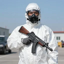 a man wearing a hazmat suit holding an uzi 9mm, sunny day, Arriflex lens,