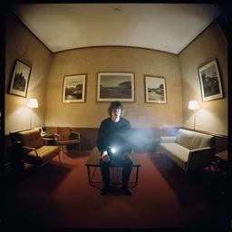 kodak portra 4 0 0, wetplate, flashlight, 8 mm extreme fisheye, award - winning portrait by britt marling of a hall in bauhaus style, picture frames, shining lamps, haze, dust, bauhaus furniture, wallpaper, carpet, interior, muted colours