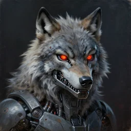 a beautiful painting of a cyborg mad wolf made of mech mask rendered in unreal engine, cyberpunk, dark scifi, painted by david burliuk, bernard buffet and carne griffiths