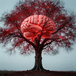 surreal photo of a tree with red veins light brains, cinematic masterpiece
